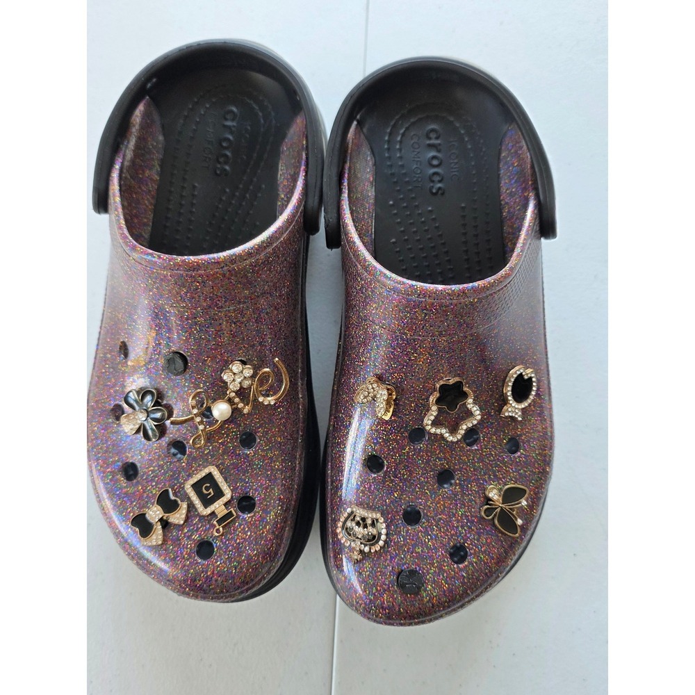 Crocs Bae Platform Glitter Clogs Women's Size 8 with Charms Pride Chunky Vibrant - Picture 11 of 11